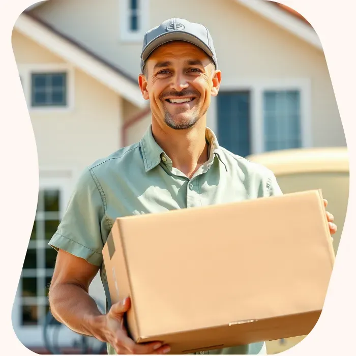 Two removalists moving boxes up stairs